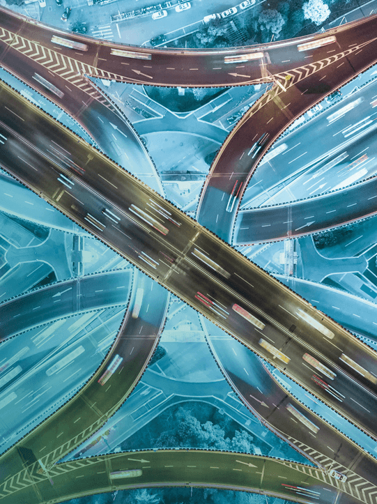 An overhead photo of a busy motorway junction